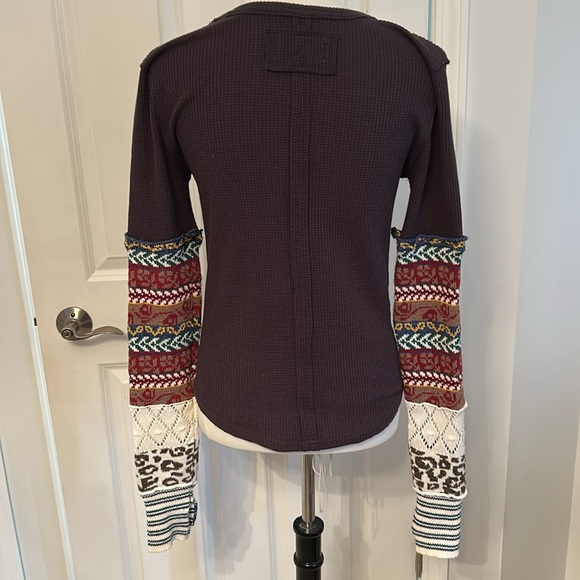 Free People Washed Black Colorful Sleeve Henley Long Sleeve Shirt - Picture 3 of 7